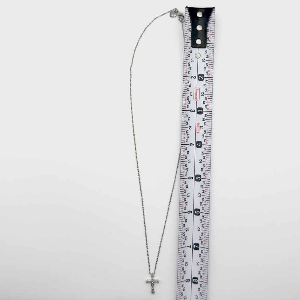 Diamond Cross Pendant Necklace Silver Tone Baguette CZ Clear Rhinestones Signed - Picture 5 of 6
